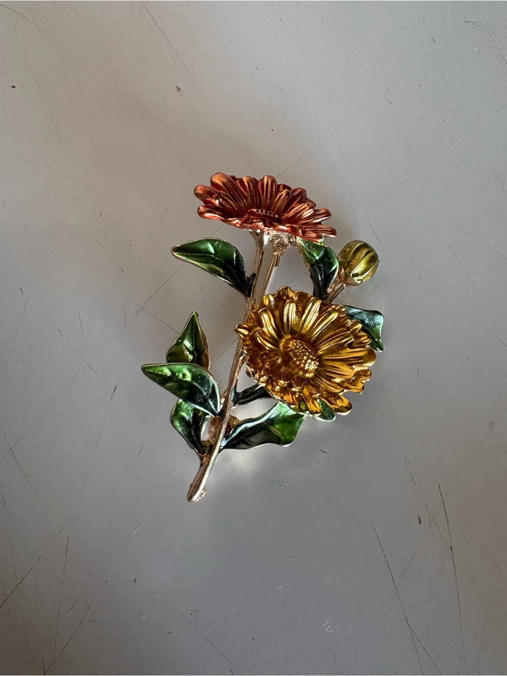 Vintage Floral Brooch - Gold, Copper & Green Enamel